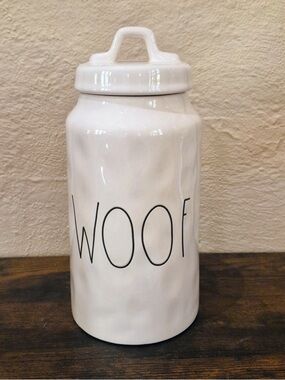 Rae Dunn White Ceramic "WOOF" Pet Treat Jar